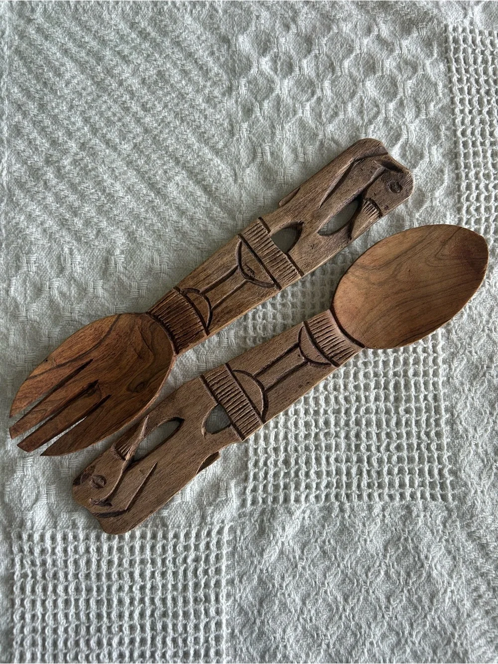 Vintage Hand Carved Bird Wooden Salad Server Set